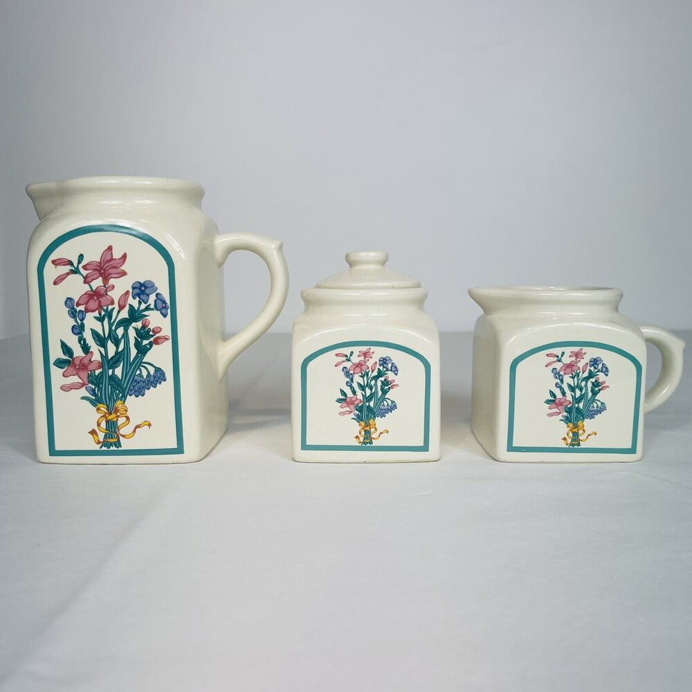 Vtg Montgomery Ward Floral Ceramic Set Milk Jug / Creamer / Sugar Pot Set of 3